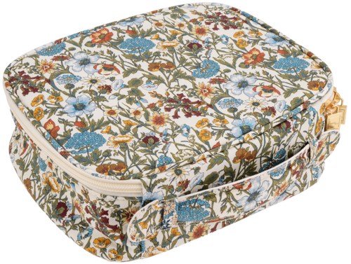 A floral-patterned cosmetic bag with a zipper and handle, decorated with colorful flowers and green leaves.