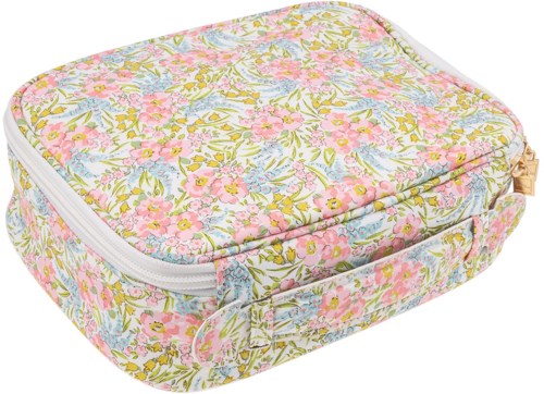 Small floral zippered pouch with pink, yellow, and blue flowers and green leaves. Soft and compact for storage.