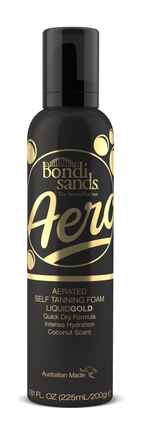 Een bus Bondi Sands Aero zelfbruiningsschuim met gouden accenten, kokosgeur, en 225 ml formaat.