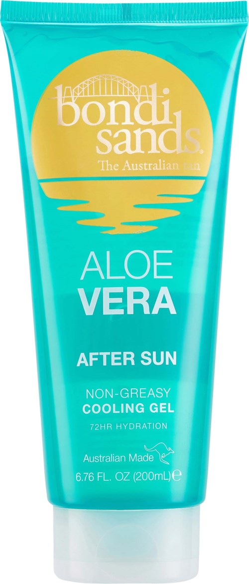Bondi Sands Aloe Vera -geelinsuojageeli, sininen ja keltainen muotoilu ja teksti.