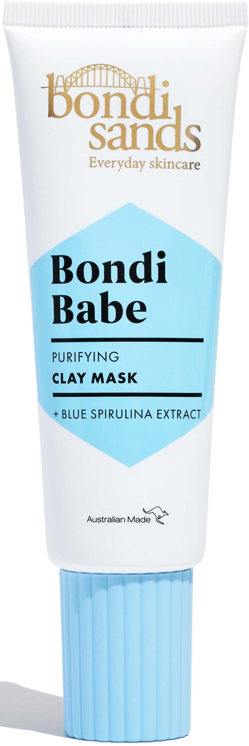 Een witte tube met blauwe en gouden tekst, gelabeld 'Bondi Babe' Zuiverende Klei Masker met Blauwe Spirulina-extract.