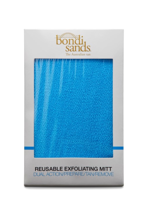 Een doos met een blauwe scrubhandschoen binnenin, merk Bondi Sands, voor voorbereiding en verwijderen.