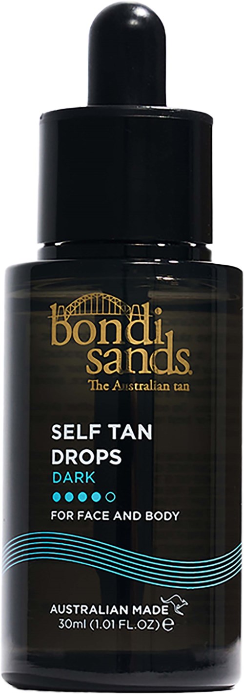 Zwarte fles met druppelkop, gelabeld 'Bondi Sands Self Tan Drops Dark' voor gezicht en lichaam, uit Australië.