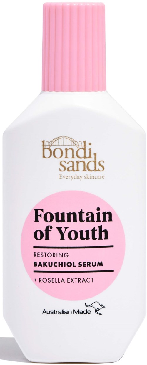 En hvit flaske med rosa lokk merket 'Fountain of Youth' og detaljer om serum med Bakuchiol.