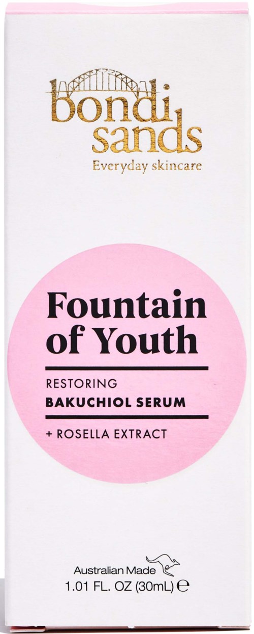 Bondi Sands hudpleieeske med rosa sirkel, svart og gull tekst om serum for ungdommelig hud med rosenekstrakt.