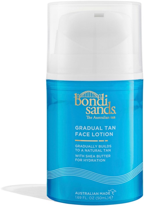 Blauwe fles met Bondi Sands geleidelijke bruine gezichtscrème en witte dop.