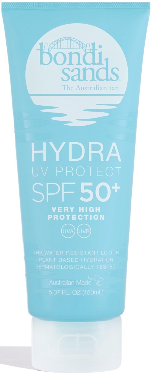 Vaaleansininen voidepullo, jossa lukee 'Bondi Sands' ja 'Hydra UV Protect SPF 50+'.