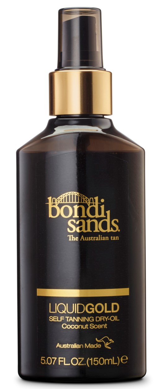 A dark bottle with a spray nozzle, gold accents, and label reading 'Bondi Sands Liquid Gold Self Tanning Dry-Oil' with a coconut scent.