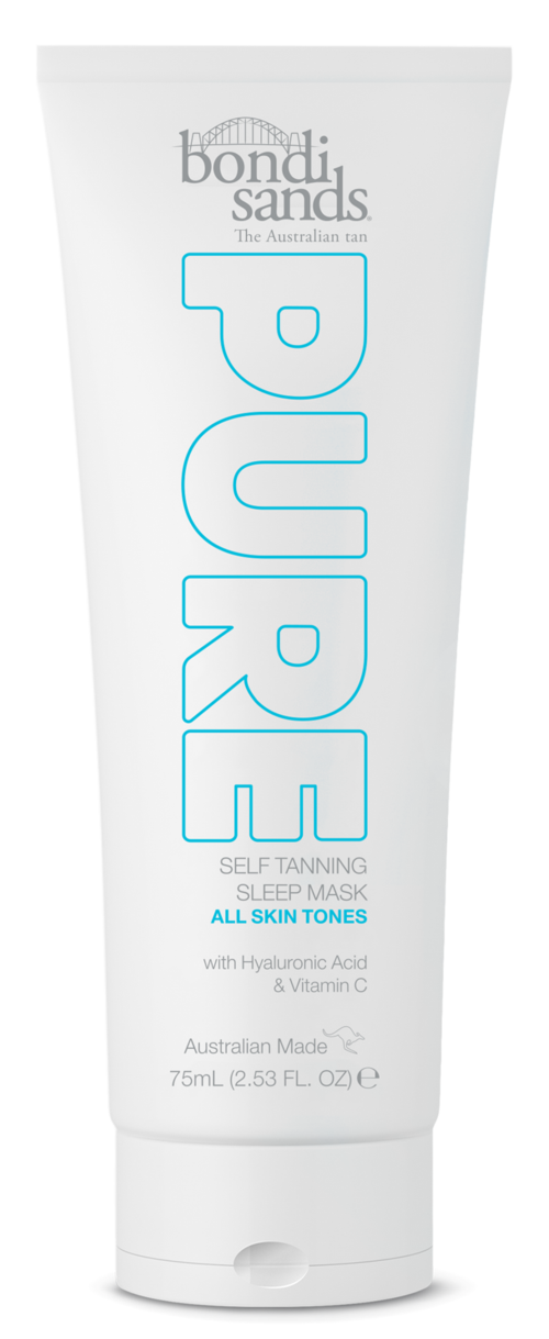 A white tube of Bondi Sands Pure self-tanning sleep mask for all skin tones with blue text and a flip cap.