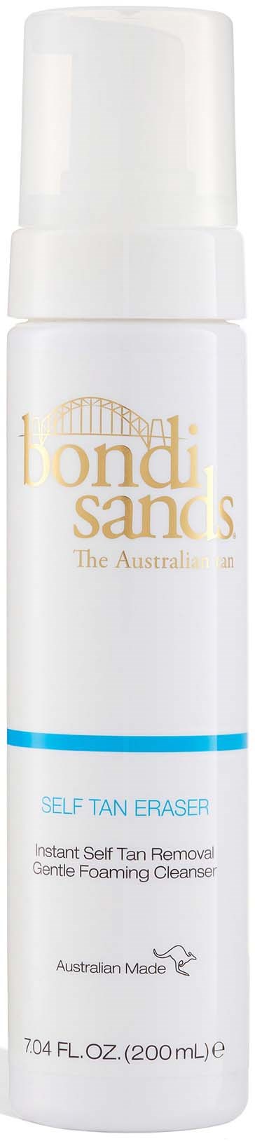 A white bottle with a pump, labeled as self-tan eraser, used for removing fake tan gently.
