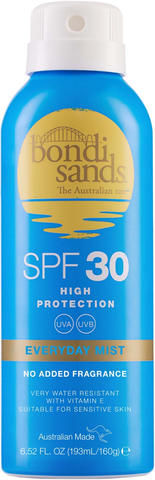 A blue spray bottle labeled Bondi Sands SPF 30, for everyday use, water-resistant, with vitamin E, suitable for sensitive skin.