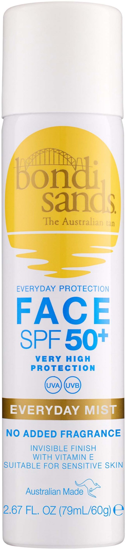 Hudpleiespray-flaske med SPF 50+ beskyttelse, etiketten sier 'bondi sands', egnet for sensitiv hud, laget i Australia.