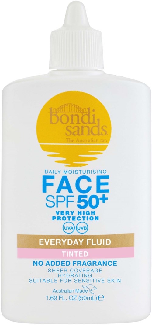 Een witte fles Bondi Sands gezichtslotion met SPF 50+, getint, geurvrij, geschikt voor gevoelige huid.