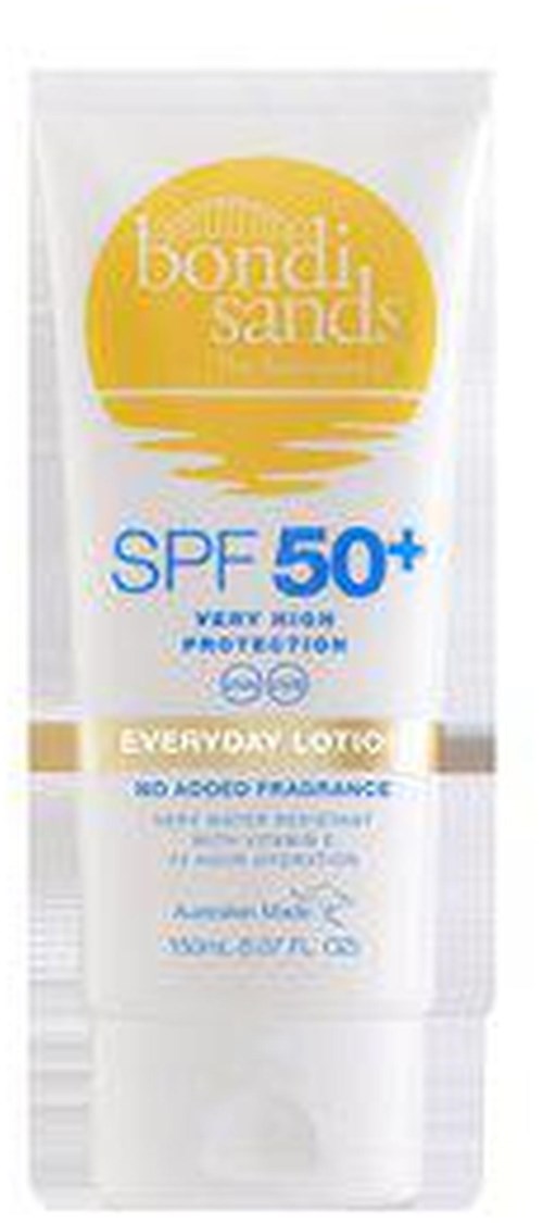 A white tube of sunscreen with yellow and blue text, labeled SPF 50+ and 'bondi sands' with sun and water graphics.
