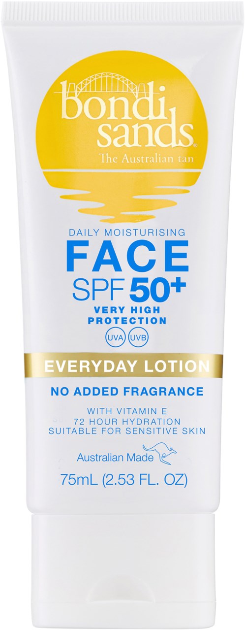 A white tube with yellow and blue text, sunscreen labeled for face with SPF 50+, daily moisturizer, and no added fragrance.