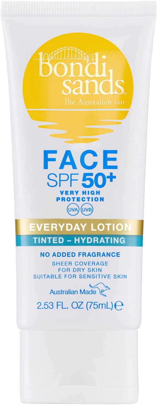 Eine weiße Tube Sonnencreme mit Bondi Sands Face SPF 50+ Schild, gelbem Sonnenlogo und blauer/goldener Schrift.