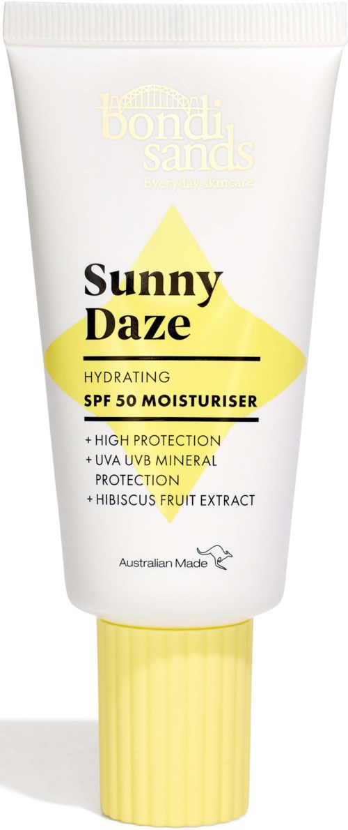 A white tube of sunscreen moisturizer with yellow and black text, labelled "Sunny Daze," offering SPF 50 protection.