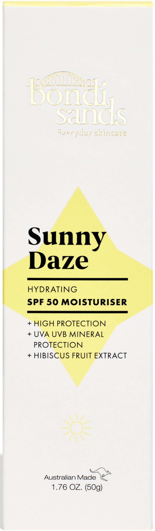 A white box with yellow and black text, describing a sunscreen moisturizer called Sunny Daze with SPF 50.
