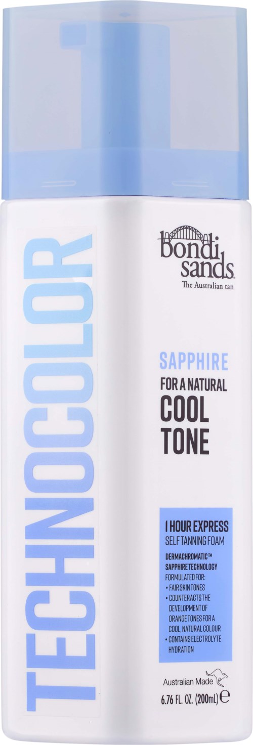 A white bottle with blue and black text for bondi sands, labeled 'TECHNOCOLOR' and 'SAPPHIRE' for a cool tone.