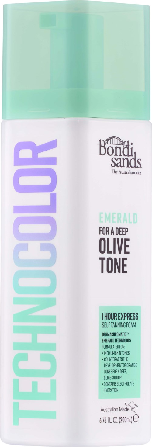 A white bottle with a green cap and purple, black, and green text. It is a self-tanning product called Bondi Sands.