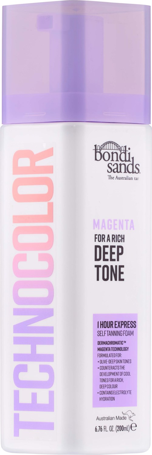 Een busje Bondi Sands Technoclor magenta dieptoon zelfbruiner met paarse dop.