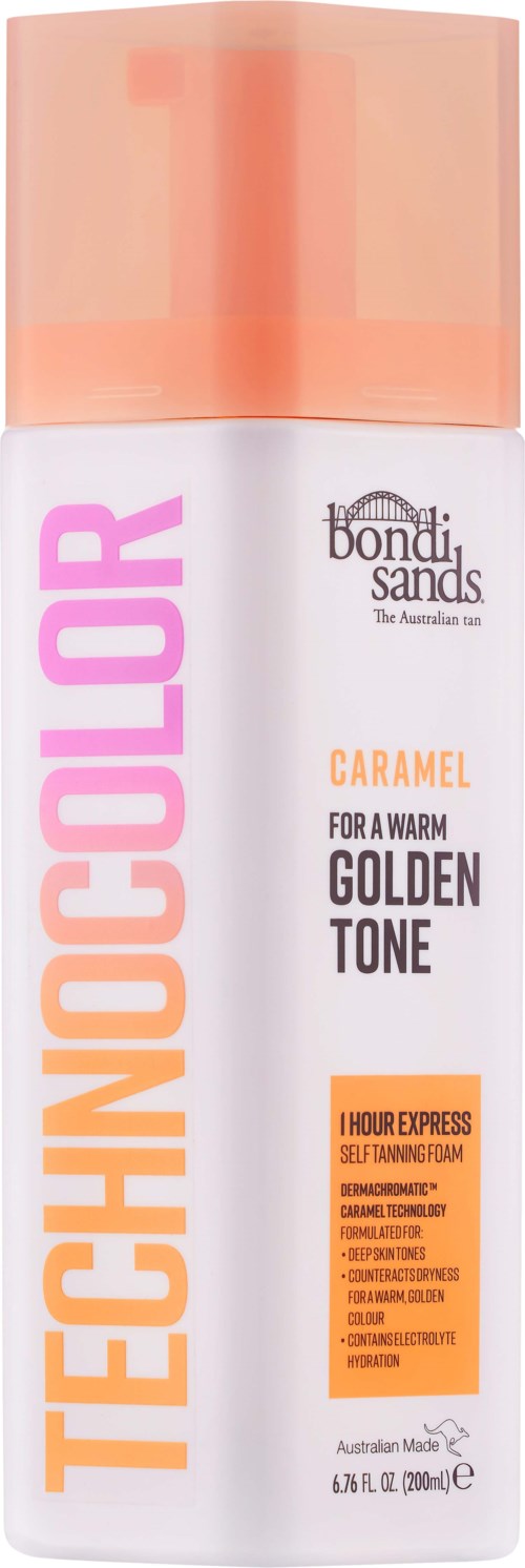 Een blik Bondi Sands zelfbruiningsschaum met roze en oranje tekst, promotie voor een karamellenkleur, goudkleurig, 200ml.