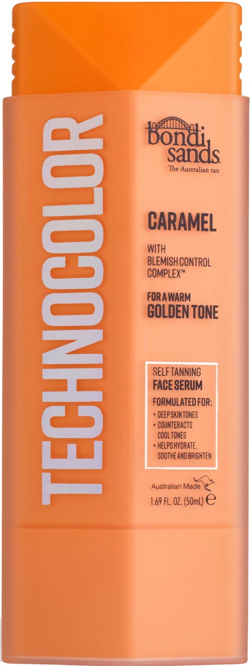 A bottle of tanning face serum named Technocolor with caramel tint, designed for warm golden tones.