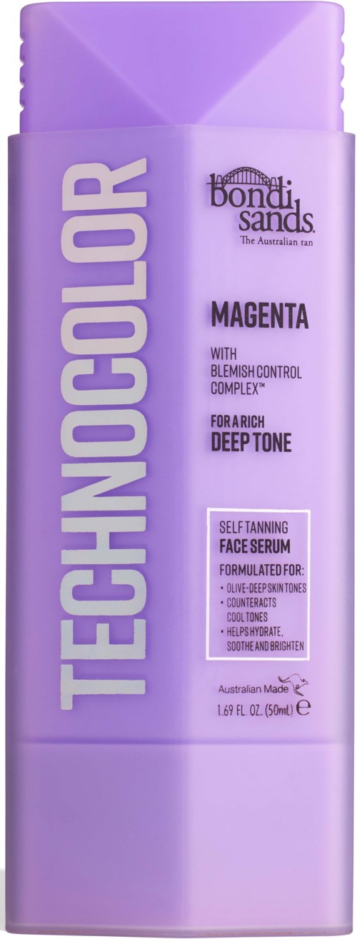 Een paarse fles Bondi Sands Technicolor gezichtsserum, ontworpen om diep getinte huid te verbeteren met blushing control.