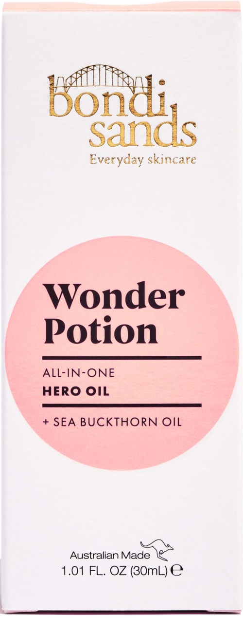 A skincare product in a white and pink box, named Wonder Potion, contains hero oil and sea buckthorn oil.