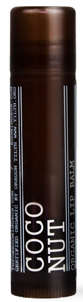 Brauner Lippenpflegestift mit der Aufschrift KOKOS, biologisch und in den USA hergestellt.