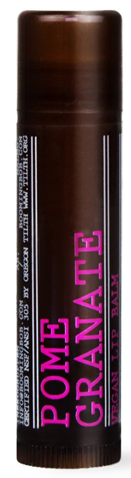Ein brauner Lippenstift mit pinkem Text, der 'POME GRANE' sagt.