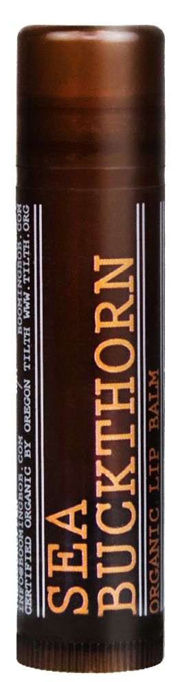 A brown tube labeled Sea Buckthorn, organic, with black and orange text and a slight cap at the top.