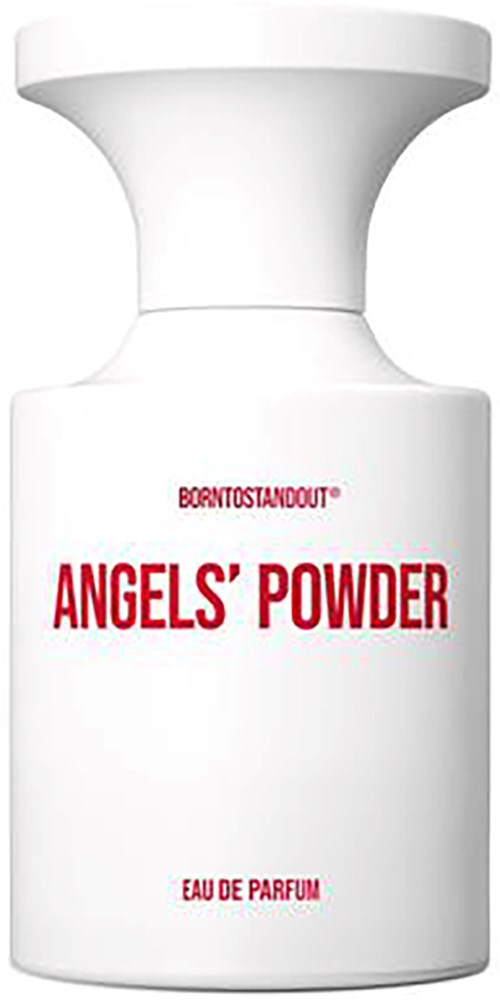 Een witte fles met label 'ANGELS' POWDER' en 'EAU DE PARFUM'.