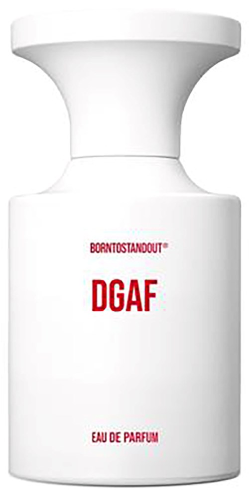 Een witte parfumfles met rode tekst, gemarkeerd DGAF, en een brede, ronde bovenkant.