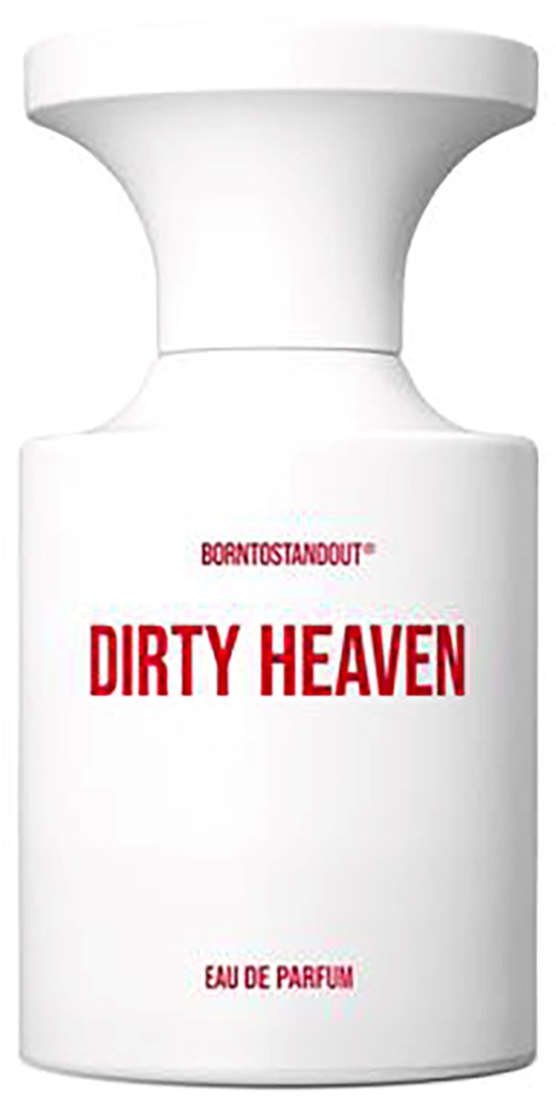 Een wit parfumflesje met rode tekst 'Dirty Heaven' en merknaam bovenaan.