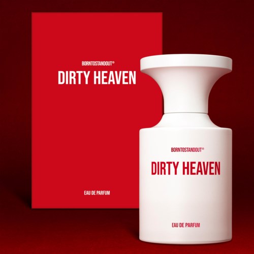 Een parfumfles en doos met rood en wit ontwerp, gemarkeerd 'Dirty Heaven' door Born To Stando Dout.