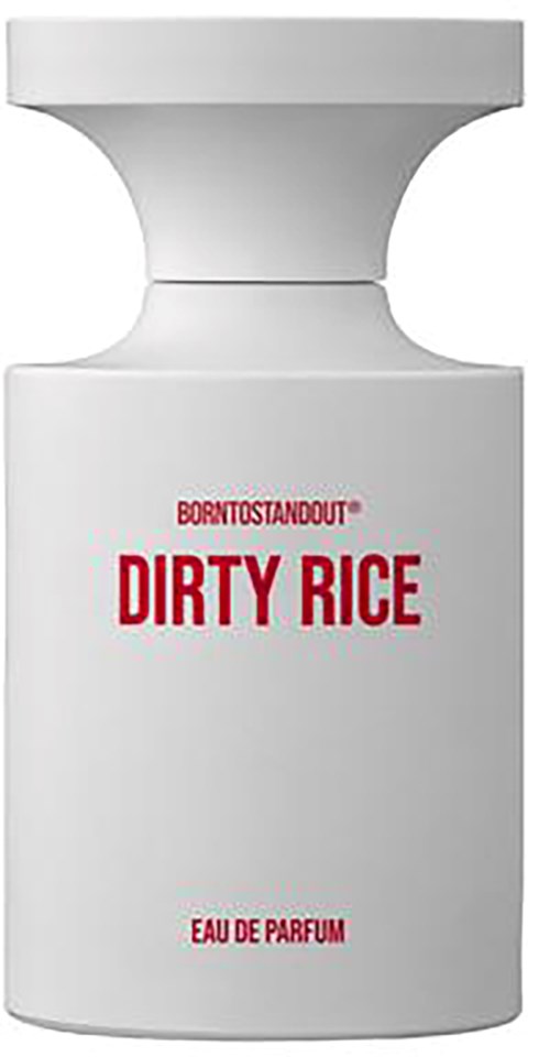 Een witte fles met 'Dirty Rice' erop, met 'Born to Stand Out' bovenaan en 'Eau de Parfum' onderaan.