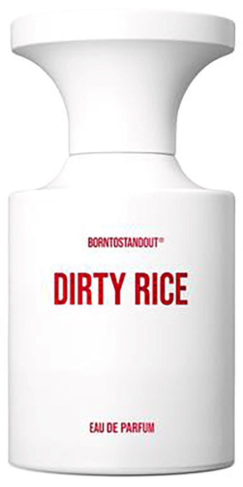 Een wit parfumflesje met rode tekst die zegt "Dirty Rice" en "Eau de Parfum."