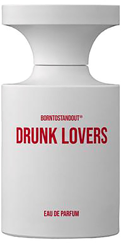 Een witte parfumfles met rode tekst 'Drunk Lovers', vormgegeven als een grote, ronde voorwerp.