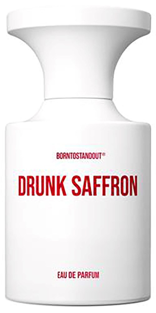 Een wit parfumfles met rode tekst die zegt "Drunk Saffron" en "Eau De Parfum."