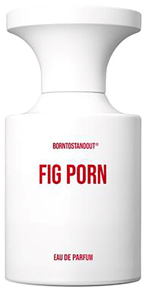 Een witte parfumbot ton met rode tekst "Fig Porn" in een modern design.
