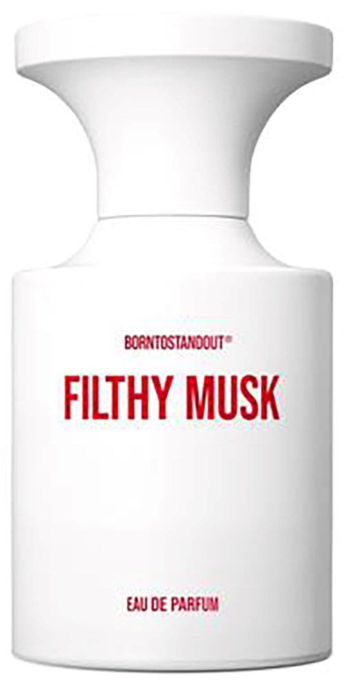 Een witte fles met 'Filthy Musk' en 'Eau de Parfum' in rode letters, met een brede opening.