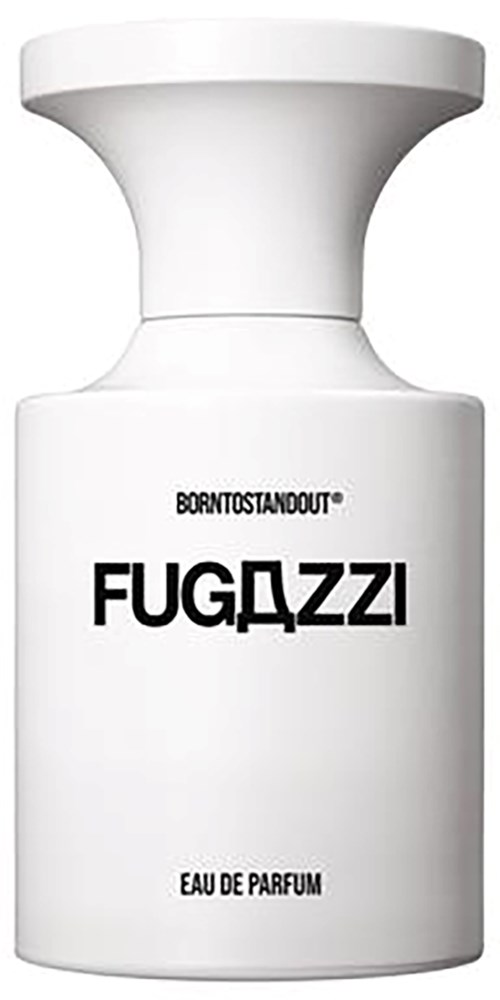 Een witte parfumfles met zwarte tekst. Het zegt "Born to Stand Out," "FUGAZZI," en "Eau de Parfum."