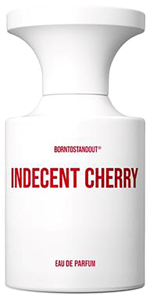Een witte parfumfles met rode tekst 'Indecent Cherry', gevormd met een brede top en smalle hals.