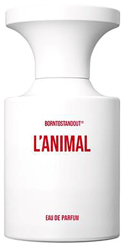 Een witte fles met rode tekst die 'L'ANIMAL' en 'EAU DE PARFUM' zegt.