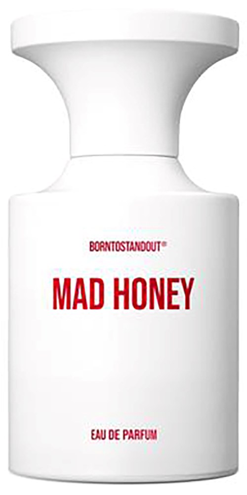 Een wit parfumfles met een eenvoudige vorm en rode tekst die zegt "MAD HONEY" en "EAU DE PARFUM."