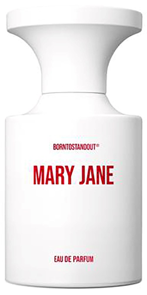 Een witte parfumfles met label Mary Jane, Eau de Parfum, met brede dop en eenvoudig ontwerp.