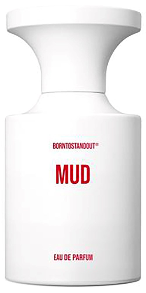 Een witte fles met 'Mud' geschreven in rood, parfum, van 'Born to Stand Out' met een brede dop.