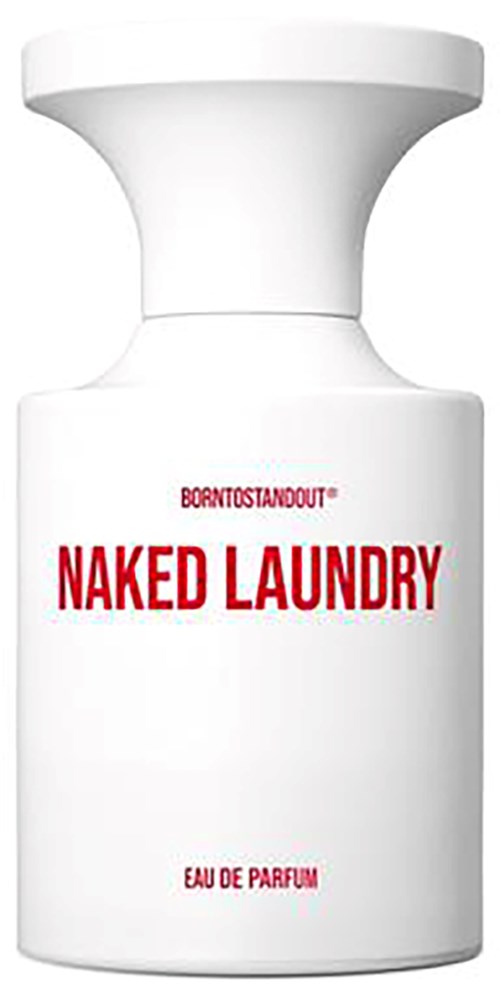Dit is een witte fles met de tekst 'Naked Laundry' in rood en een eenvoudig ontwerp.