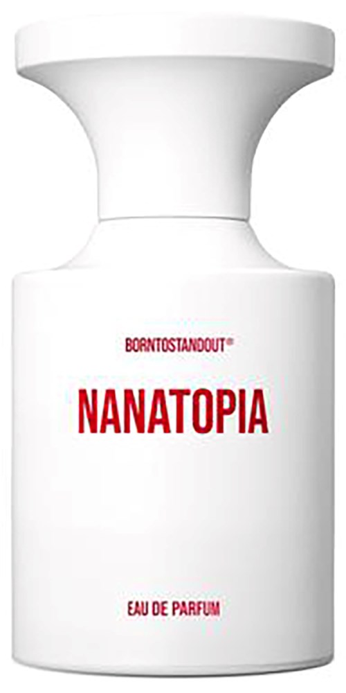 Een wit flesje met brede bovenkant en eenvoudige label met 'NANATOPIA' en 'EAU DE PARFUM' in rood.